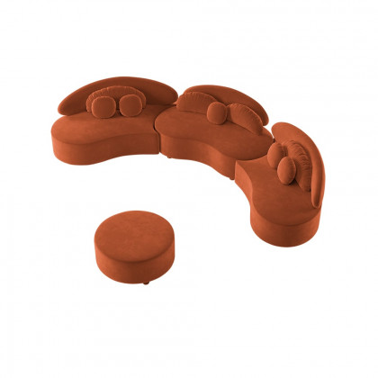 HMR Curved Sectional Sofa with Ottoman & Pillows - Orange, Velvet, 145.7"L x 31.5"W x 30.7"H
