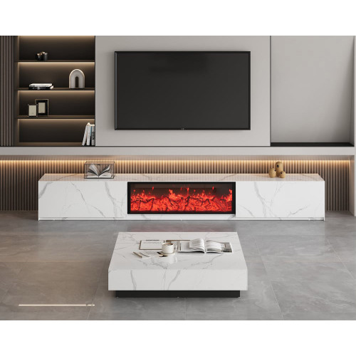 HMR Sintered Stone Electric Fireplace TV Stand & Coffee Table Set - White, 86.6"W x 15.4"D x 15.4"H