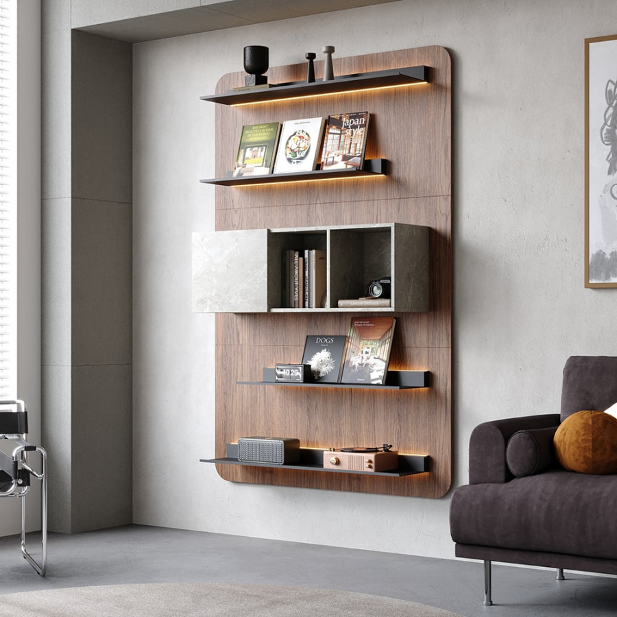 HMR - 5-Tier Modern Walnut Floating Bookshelf with Storage and LED Bookcase