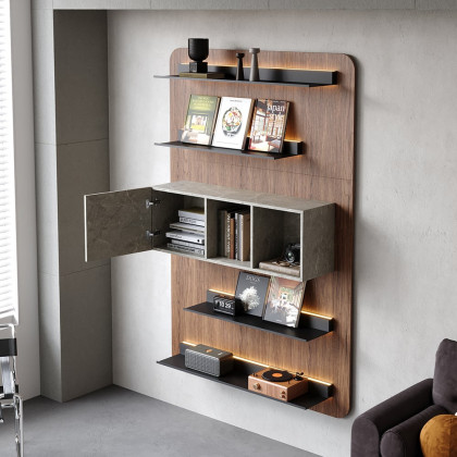 HMR - 5-Tier Modern Walnut Floating Bookshelf with Storage and LED Bookcase