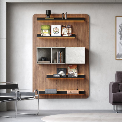 HMR - 5-Tier Modern Walnut Floating Bookshelf with Storage and LED Bookcase