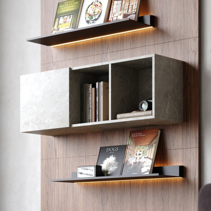 HMR - 5-Tier Modern Walnut Floating Bookshelf with Storage and LED Bookcase