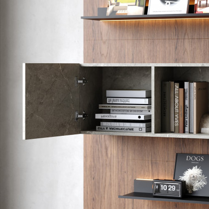 HMR - 5-Tier Modern Walnut Floating Bookshelf with Storage and LED Bookcase
