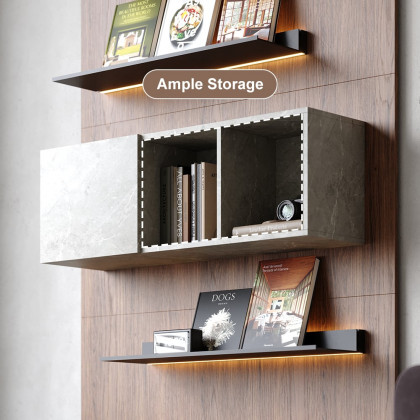 HMR - 5-Tier Modern Walnut Floating Bookshelf with Storage and LED Bookcase