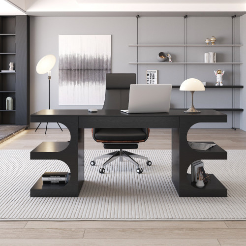 HMR 64.2" Modern Writing Desk Office Desk with 1 Drawer & 4 Open Shelves - Black