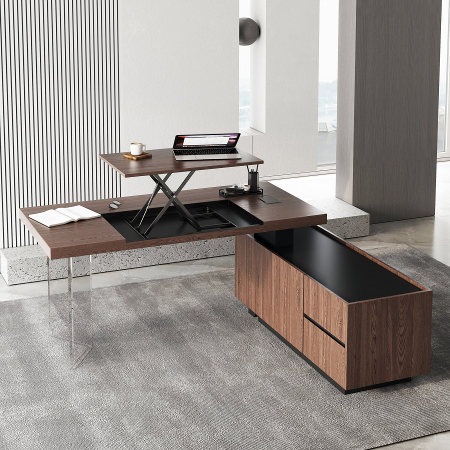 HMR 71.5" Modern L-Shape Standing Executive Desk with Side Cabinet and lifter Desktop - Walnut, Right Hand