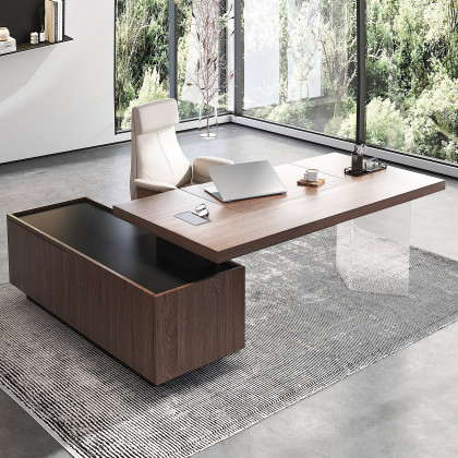 HMR 71.5" Modern L-Shape Standing Executive Desk with Side Cabinet and lifter Desktop - Walnut, Right Hand