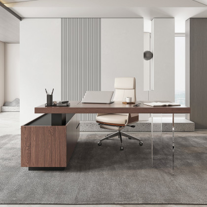 HMR 71.5" Modern L-Shape Standing Executive Desk with Side Cabinet and lifter Desktop - Walnut, Right Hand