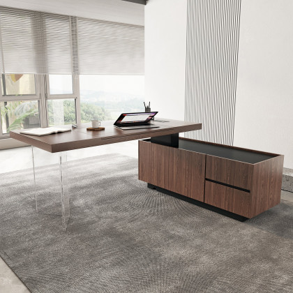 HMR 71.5" Modern L-Shape Standing Executive Desk with Side Cabinet and lifter Desktop - Walnut, Right Hand