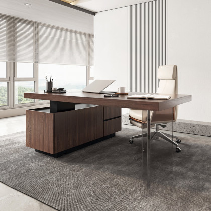 HMR 71.5" Modern L-Shape Standing Executive Desk with Side Cabinet and lifter Desktop - Walnut, Right Hand