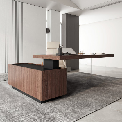 HMR 71.5" Modern L-Shape Standing Executive Desk with Side Cabinet and lifter Desktop - Walnut, Right Hand