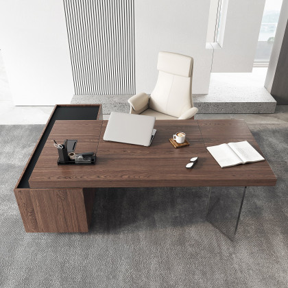 HMR 71.5" Modern L-Shape Standing Executive Desk with Side Cabinet and lifter Desktop - Walnut, Right Hand