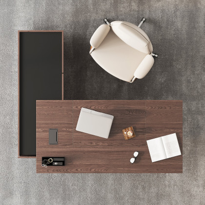 HMR 71.5" Modern L-Shape Standing Executive Desk with Side Cabinet and lifter Desktop - Walnut, Right Hand