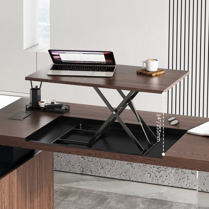 HMR 71.5" Modern L-Shape Standing Executive Desk with Side Cabinet and lifter Desktop - Walnut, Right Hand