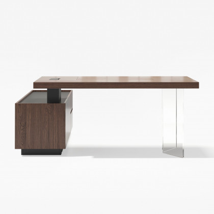 HMR 71.5" Modern L-Shape Standing Executive Desk with Side Cabinet and lifter Desktop - Walnut, Right Hand