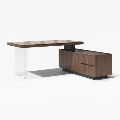 HMR 71.5" Modern L-Shape Standing Executive Desk with Side Cabinet and lifter Desktop - Walnut, Right Hand
