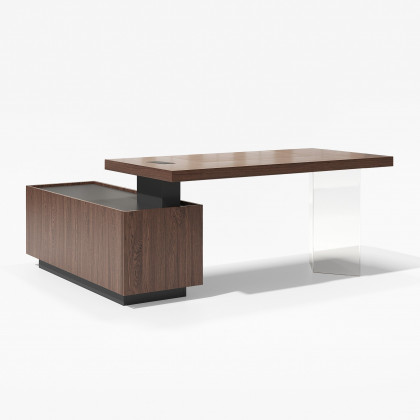 HMR 71.5" Modern L-Shape Standing Executive Desk with Side Cabinet and lifter Desktop - Walnut, Right Hand