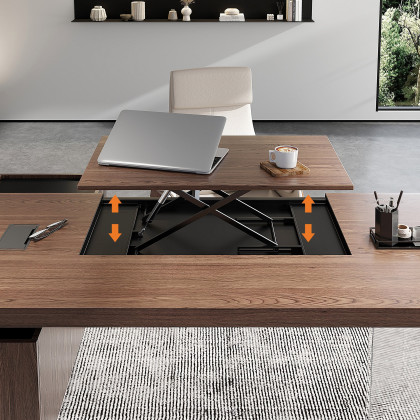 HMR 71.5" Modern L-Shape Standing Executive Desk with Side Cabinet and lifter Desktop - Walnut, Right Hand