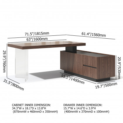 HMR 71.5" Modern L-Shape Standing Executive Desk with Side Cabinet and lifter Desktop - Walnut, Right Hand