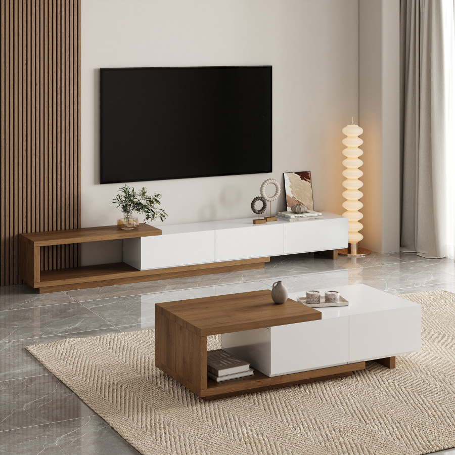 HMR Quoint Extendable TV Stand & Coffee Table Set - White & Walnut, 1790mm-2550mm