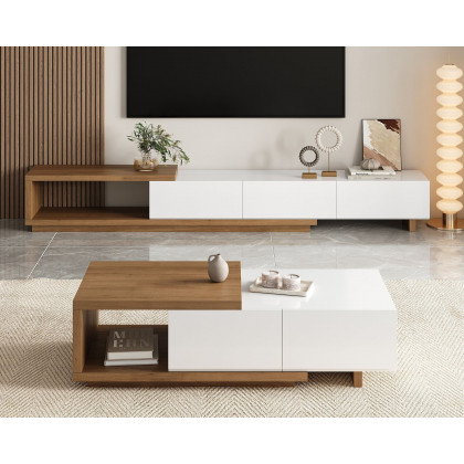 HMR Quoint Extendable TV Stand & Coffee Table Set - White & Walnut, 1790mm-2550mm