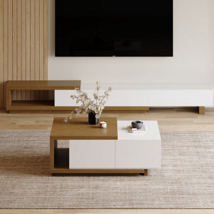 HMR Quoint Extendable TV Stand & Coffee Table Set - White & Walnut, 1790mm-2550mm