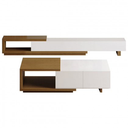 HMR Quoint Extendable TV Stand & Coffee Table Set - White & Walnut, 1790mm-2550mm
