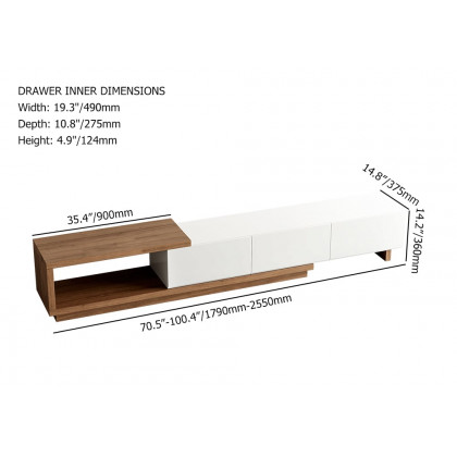 HMR Quoint Extendable TV Stand & Coffee Table Set - White & Walnut, 1790mm-2550mm