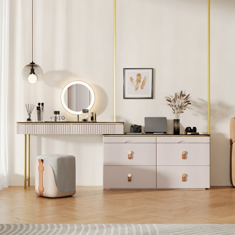 HMR - Chanor Modern Champagne Dresser Vanity Set Extendable Desk Vanity Combo Stool & Light