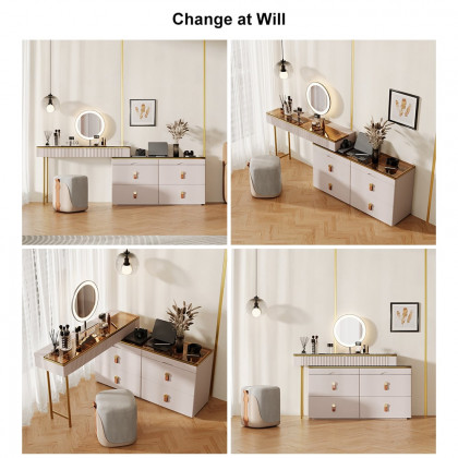 HMR - Chanor Modern Champagne Dresser Vanity Set Extendable Desk Vanity Combo Stool & Light