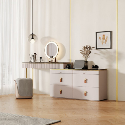 HMR - Chanor Modern Champagne Dresser Vanity Set Extendable Desk Vanity Combo Stool & Light