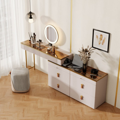 HMR - Chanor Modern Champagne Dresser Vanity Set Extendable Desk Vanity Combo Stool & Light