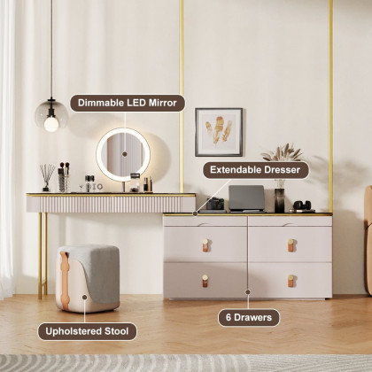 HMR - Chanor Modern Champagne Dresser Vanity Set Extendable Desk Vanity Combo Stool & Light
