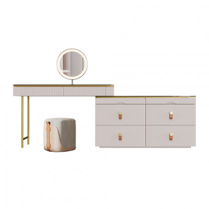 HMR - Chanor Modern Champagne Dresser Vanity Set Extendable Desk Vanity Combo Stool & Light