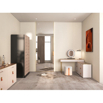 HMR - Chanor Modern Champagne Dresser Vanity Set Extendable Desk Vanity Combo Stool & Light