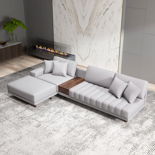 HMR 126" L-Shaped Modular Sectional with Chaise & Ottoman - Gray, Leather