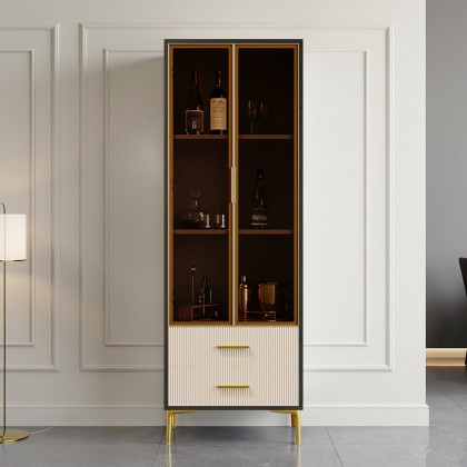 HMR - Modern Gray Bar Cabinet with Glass Doors & 2-Drawer Storage Home Bar Cabinet