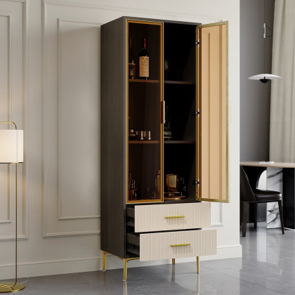 HMR - Modern Gray Bar Cabinet with Glass Doors & 2-Drawer Storage Home Bar Cabinet
