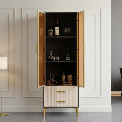 HMR - Modern Gray Bar Cabinet with Glass Doors & 2-Drawer Storage Home Bar Cabinet