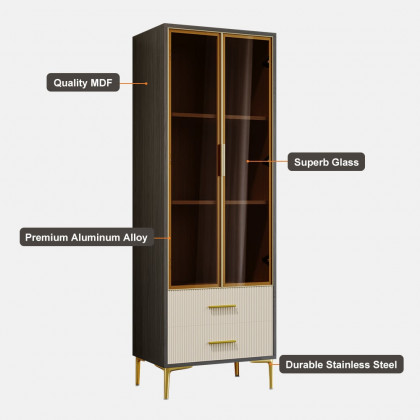 HMR - Modern Gray Bar Cabinet with Glass Doors & 2-Drawer Storage Home Bar Cabinet