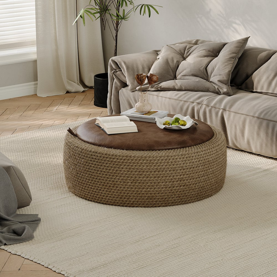HMR - Coastal Round Woven Rope Drum Coffee Table in Brown with Storage