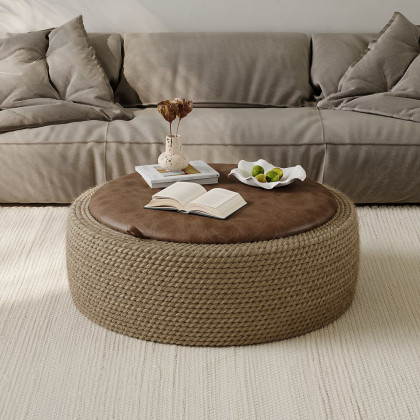 HMR - Coastal Round Woven Rope Drum Coffee Table in Brown with Storage