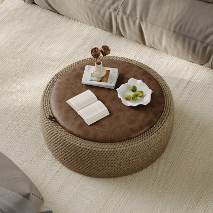 HMR - Coastal Round Woven Rope Drum Coffee Table in Brown with Storage