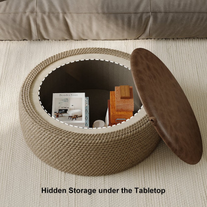 HMR - Coastal Round Woven Rope Drum Coffee Table in Brown with Storage