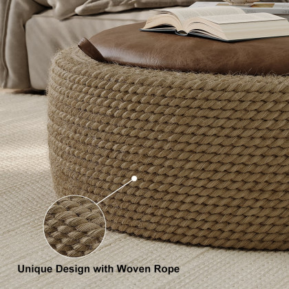 HMR - Coastal Round Woven Rope Drum Coffee Table in Brown with Storage