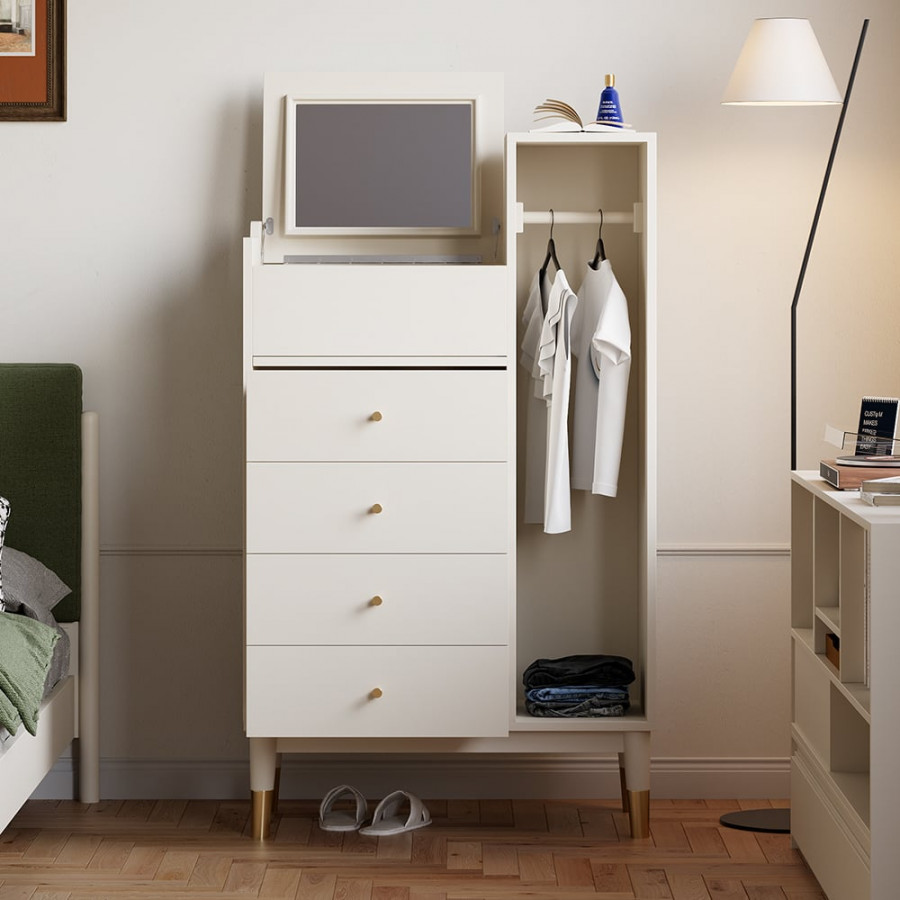 HMR - Modern White Mirrored Dresser Chifforobe Wardrobe Closet with 4 Drawers