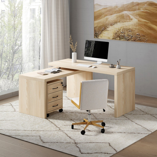 HMR Modern Swivel Desk & Home Office Chair Set L-Shaped Rotating Desk Adjustable - Distressed White