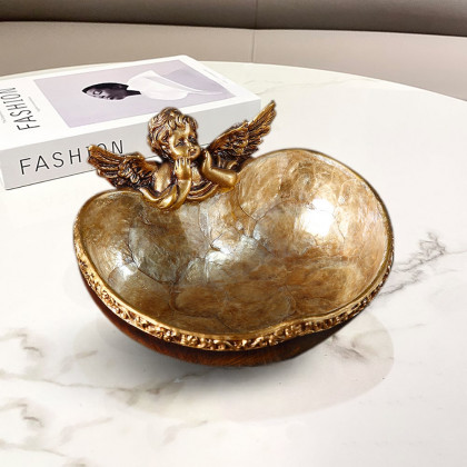 HMR - Shellium Vintage Bronze Angel Decorative Storage Tray Holder Desk Entryway Storage