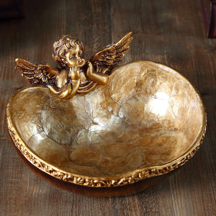 HMR - Shellium Vintage Bronze Angel Decorative Storage Tray Holder Desk Entryway Storage