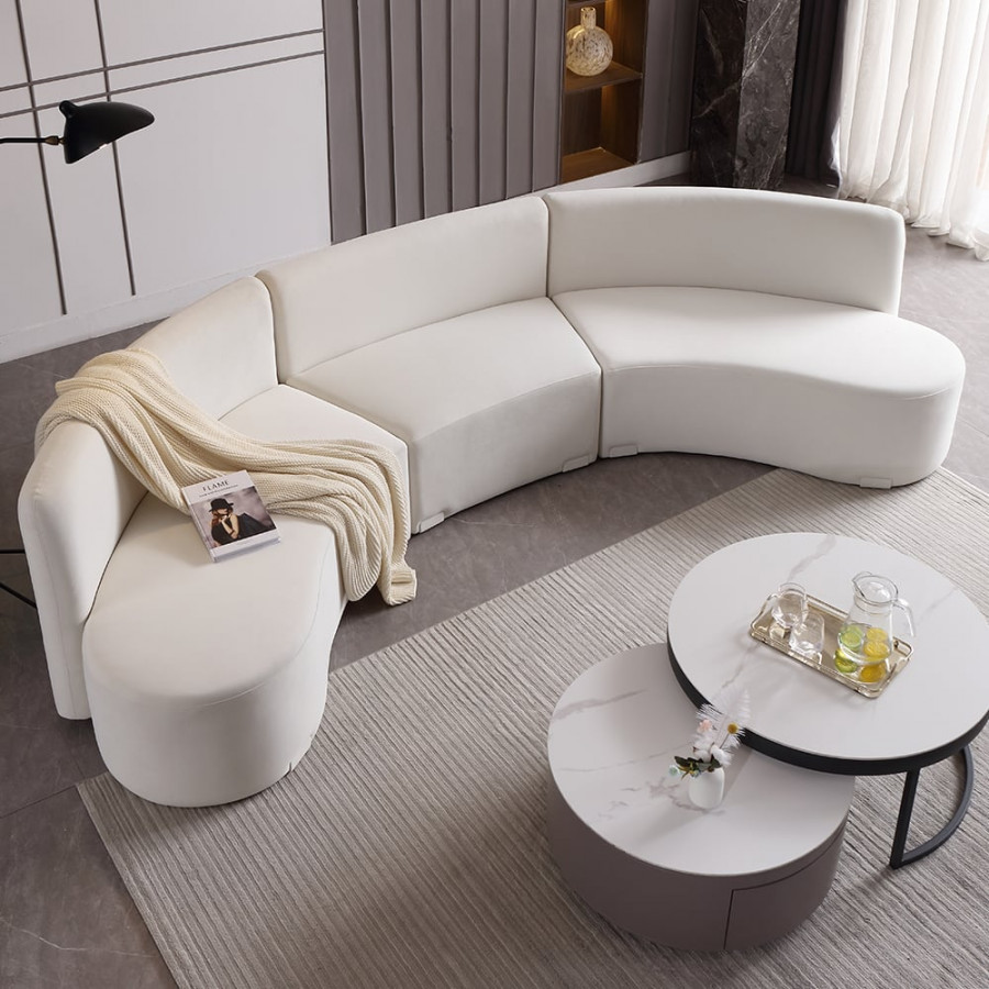 HMR - 120" Modern White Curved Sectional Floor Sofa Velvet Upholstery for Living Room